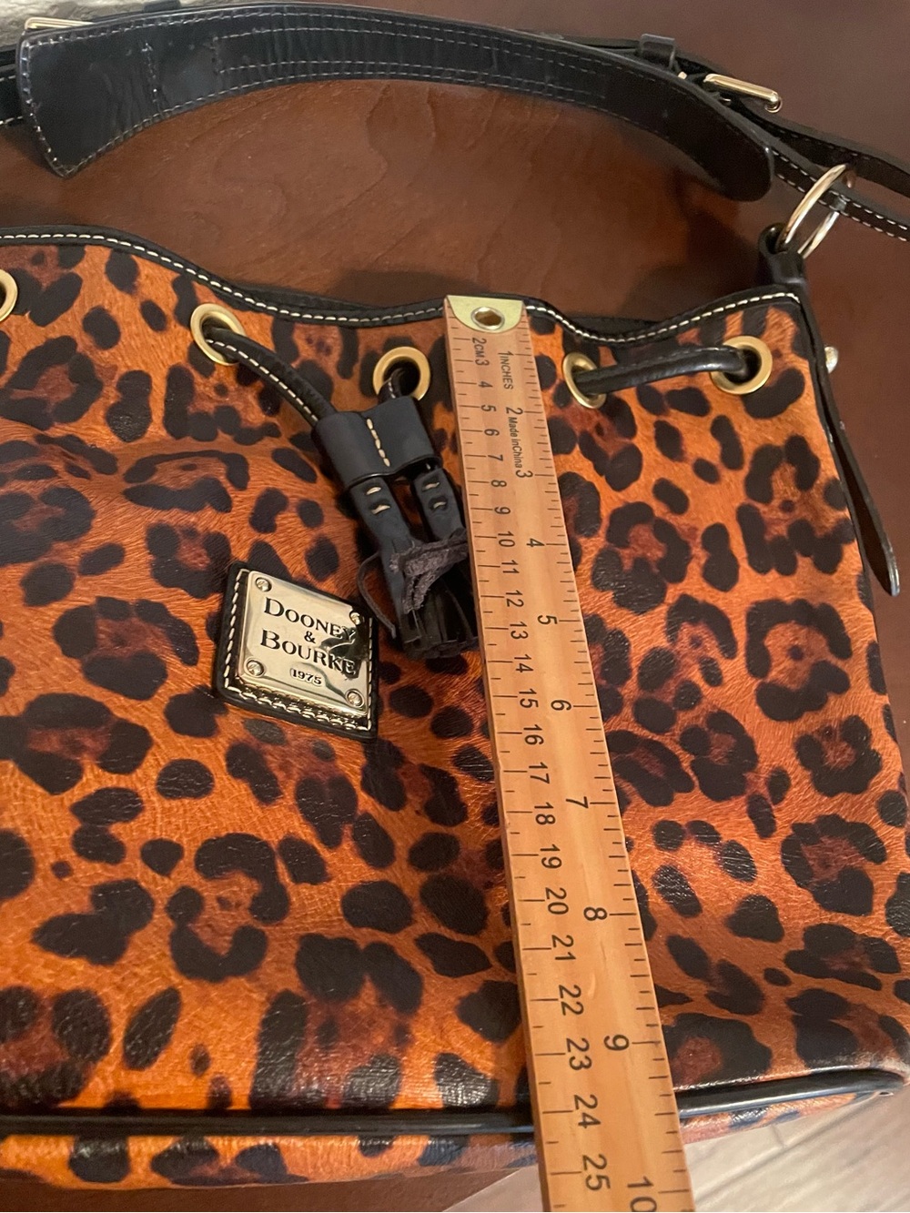 Dooney & Bourke Leopard Print Drawstring Shoulder Bag - Brown and Black - Picture 14 of 15